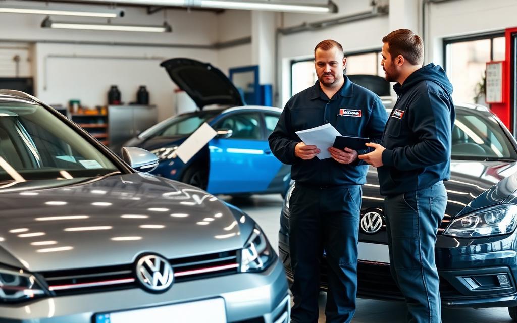 Mechanic discussing a car problem with a customer