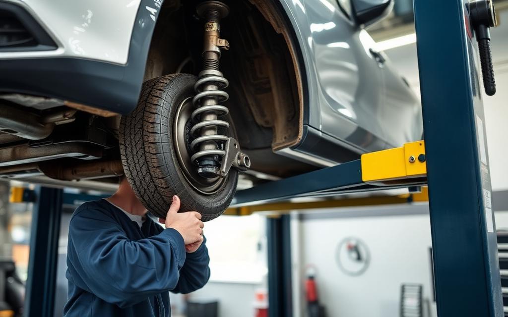 Front suspension strut and coil spring being inspected
